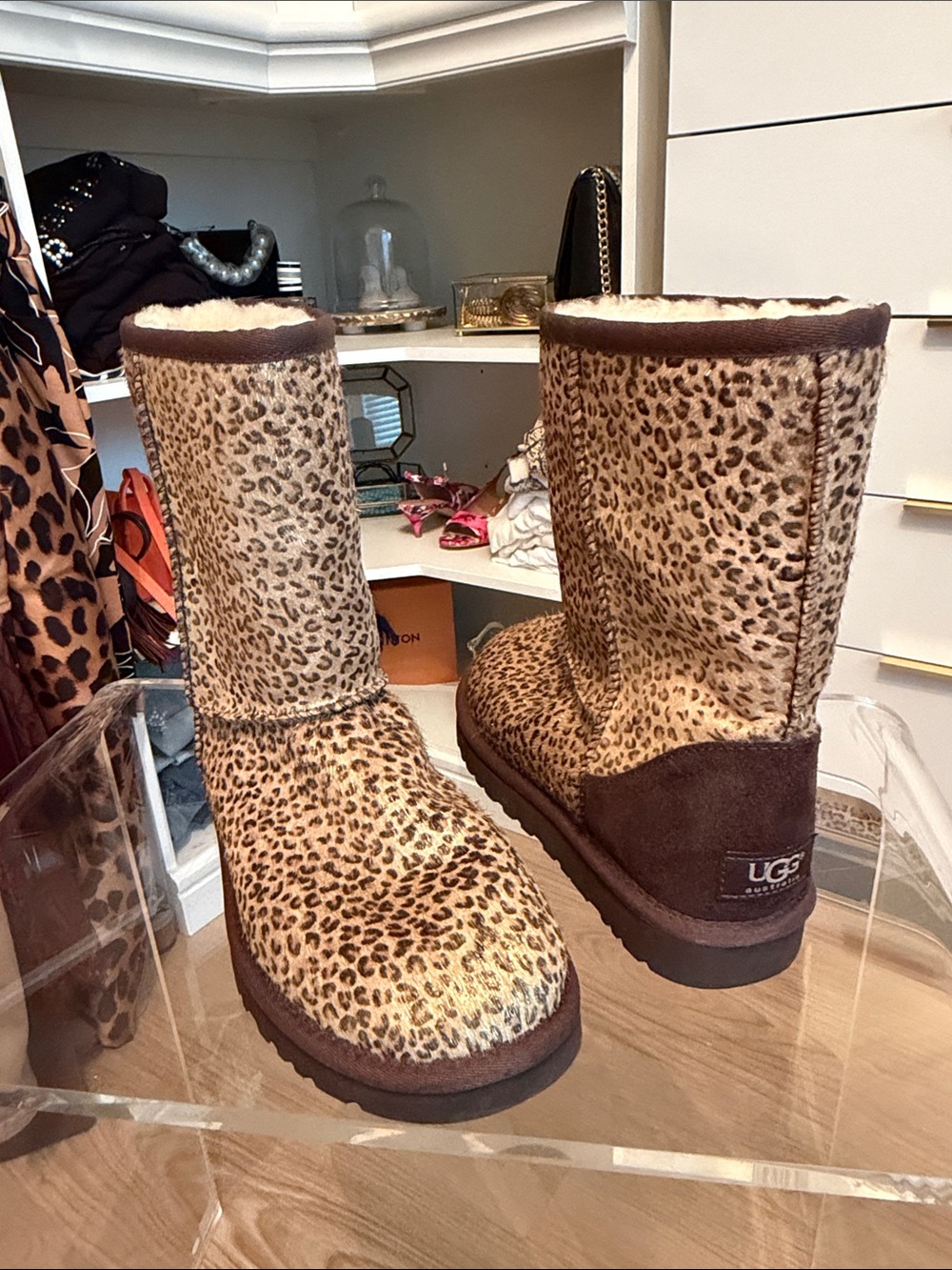 UGG Hair Calf Leopard-Print Shearling Mid-Calf Boots in Brown and Cream